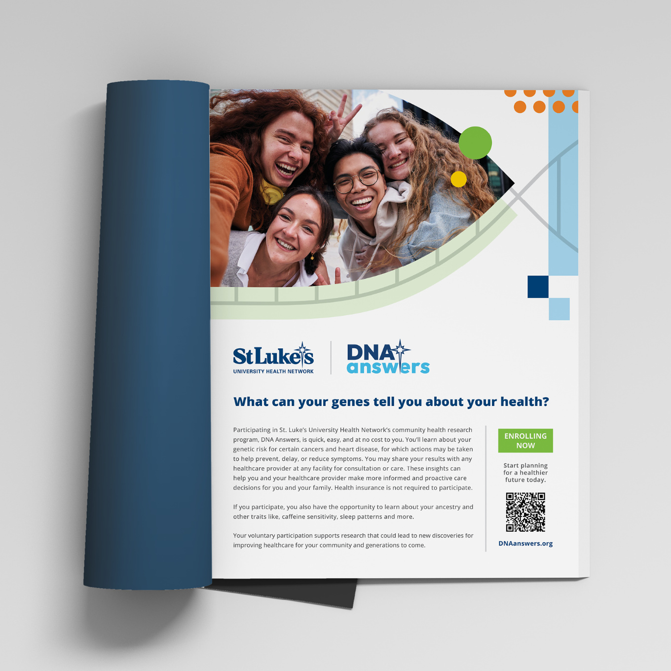 a print magazine ad for DNA Answers from St. Lukes University Health Network shows four diverse young people smiling together. The headline is: What can your genes tell you about your health?