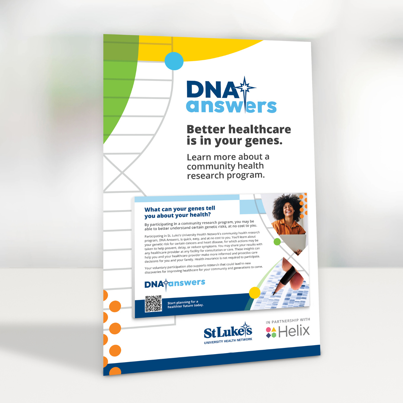 A single sheet flyer for DNA Answers from St. Lukes University Health Network has the headline: Better Healthcare is in Your Genes.