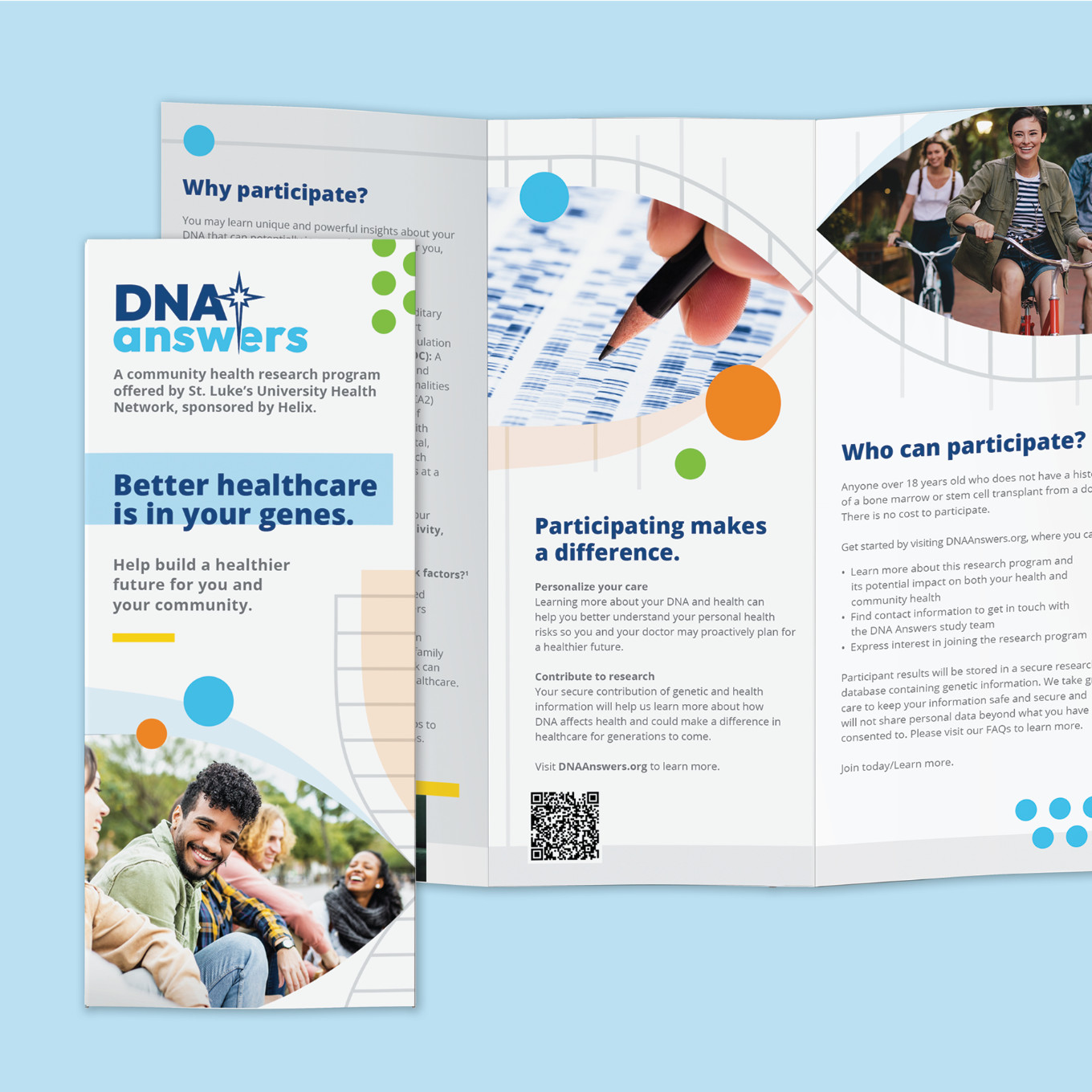 A print tri-fold flyer for DNA Answers has information about participation and has the headline: Better Healthcare is in Your Genes