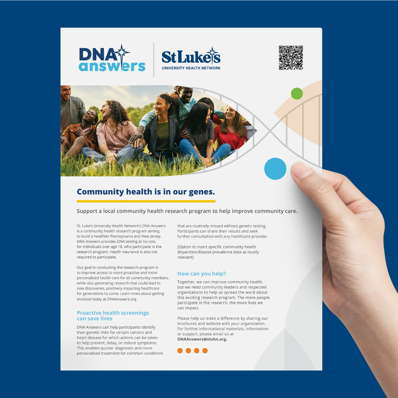 A single sheet flyer for DNA Answers from St. Lukes University Health Network has the headline: Community Health is in Our Genes.
