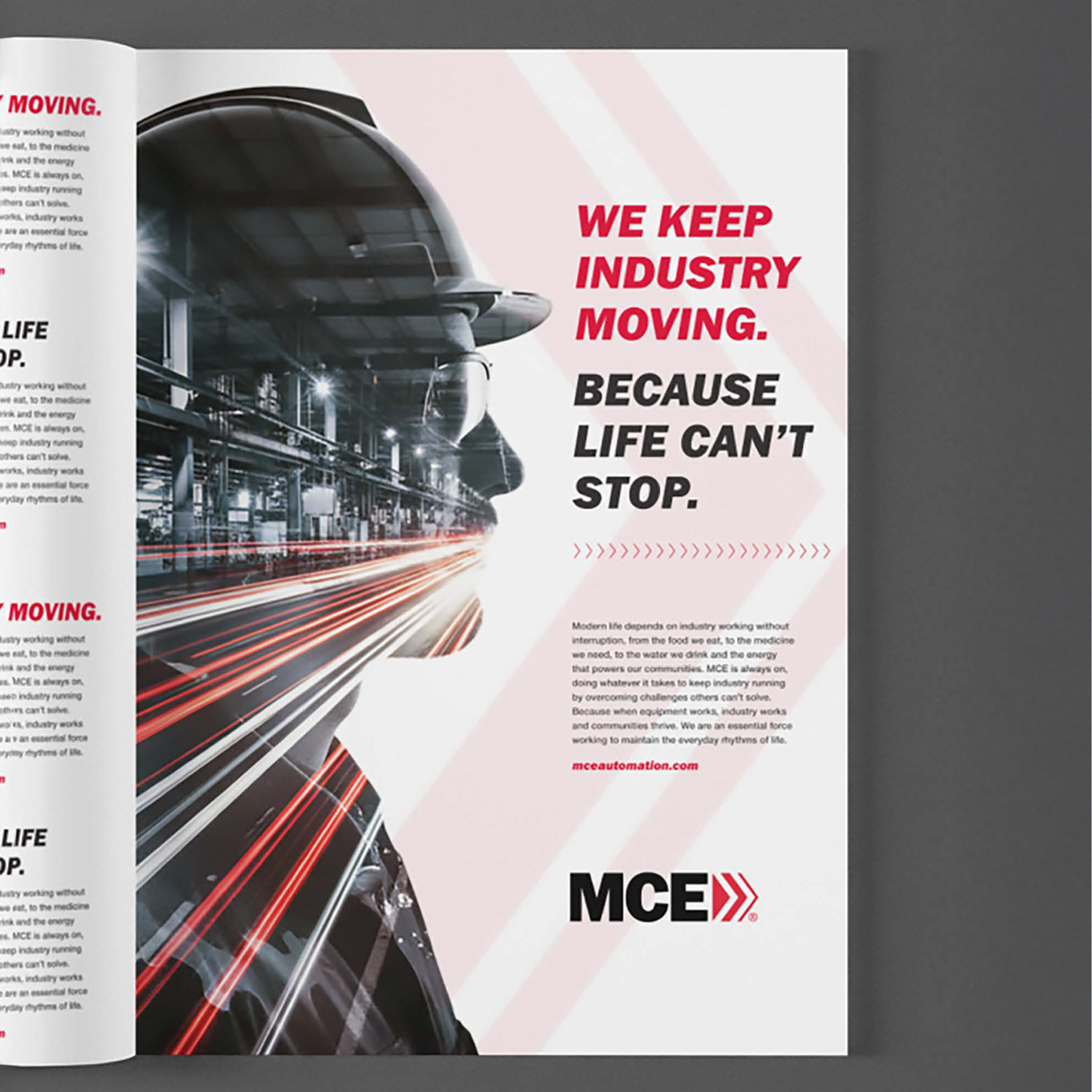 a print ad for MCE, with the headline: We Keep Industry Moving. Because Life Can't Stop