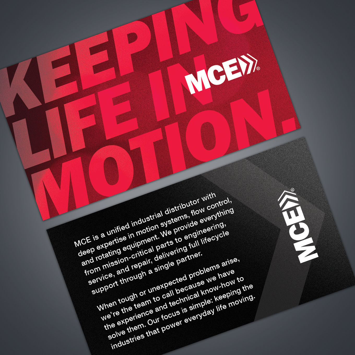an MCE business card, with the headline: Keeping Life in Motion