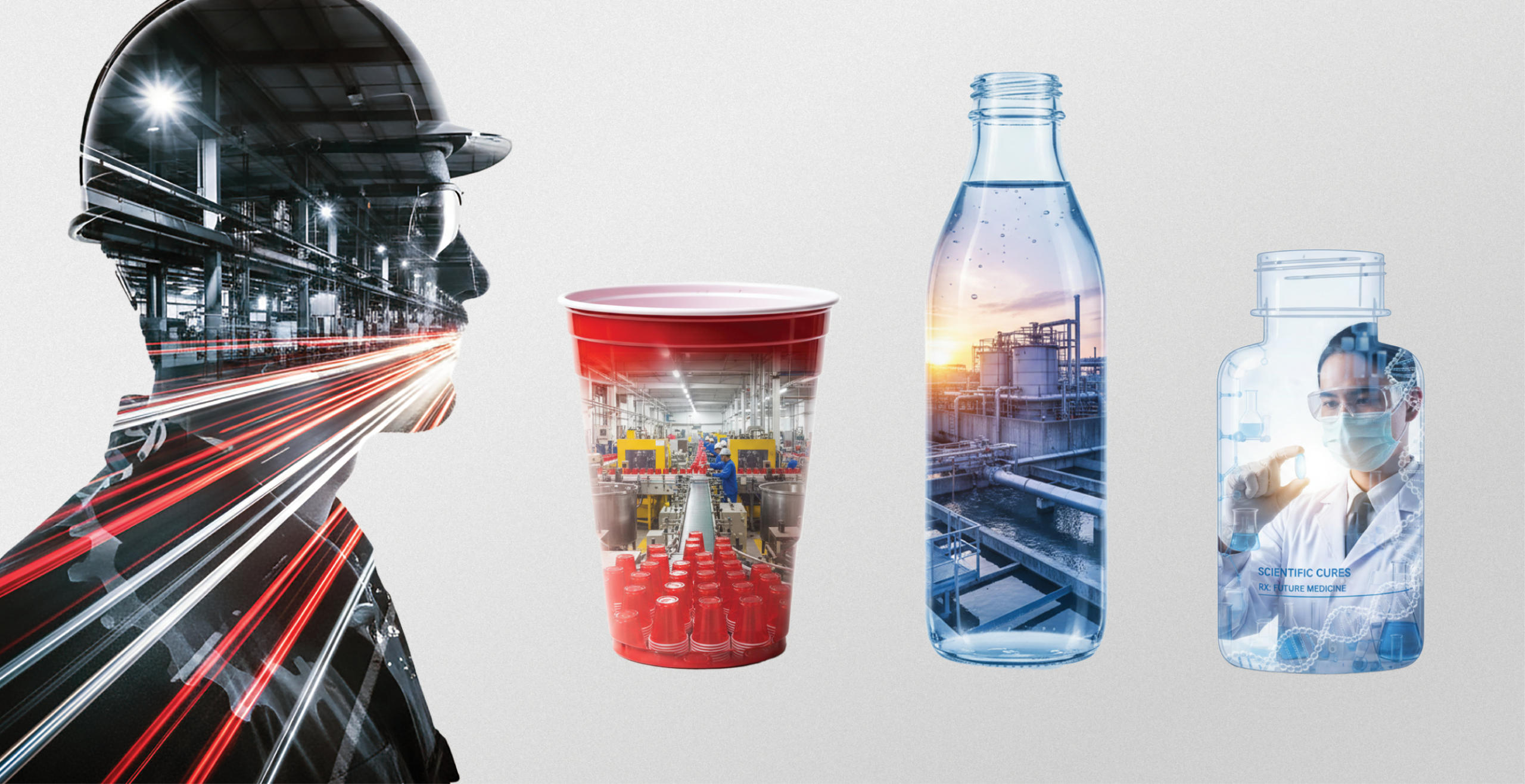 a series of images for MCE, showing essential processes depicted within a worker silhouette and several different containers